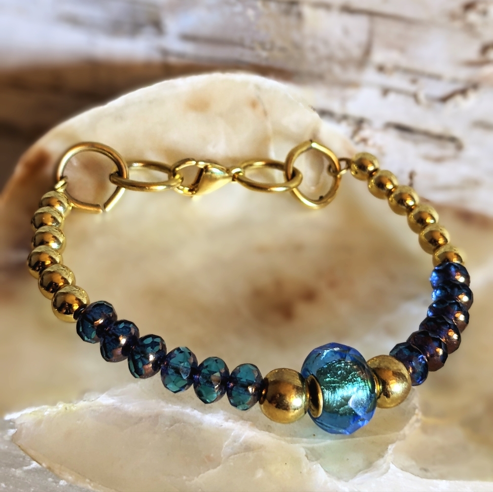 Blue Glass and Gold Beads in Gold Plated Beaded Bracelet